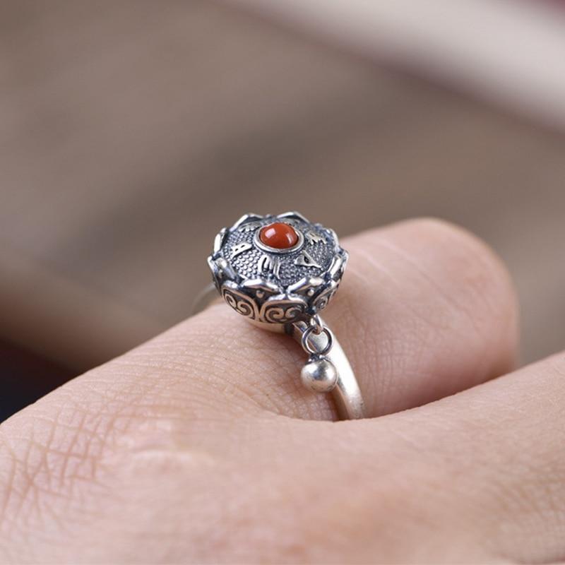 925 Sterling Silver LOTUS & 6 Syllable MANTRA SPINNING PRAYER WHEEL Ring