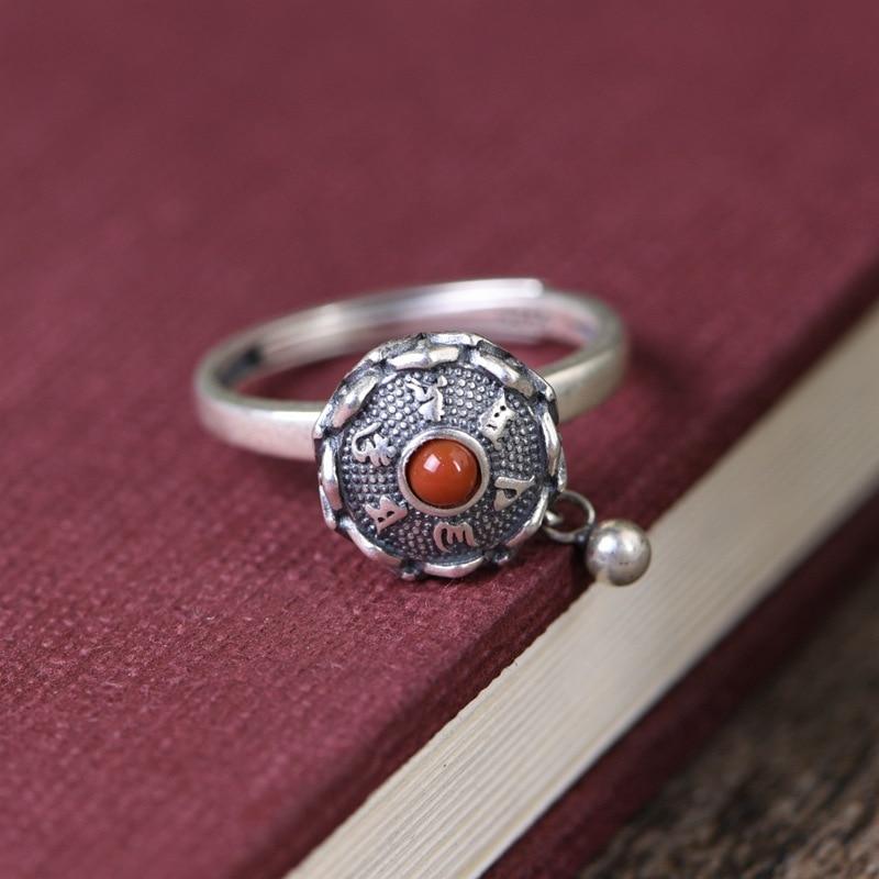 925 Sterling Silver LOTUS & 6 Syllable MANTRA SPINNING PRAYER WHEEL Ring