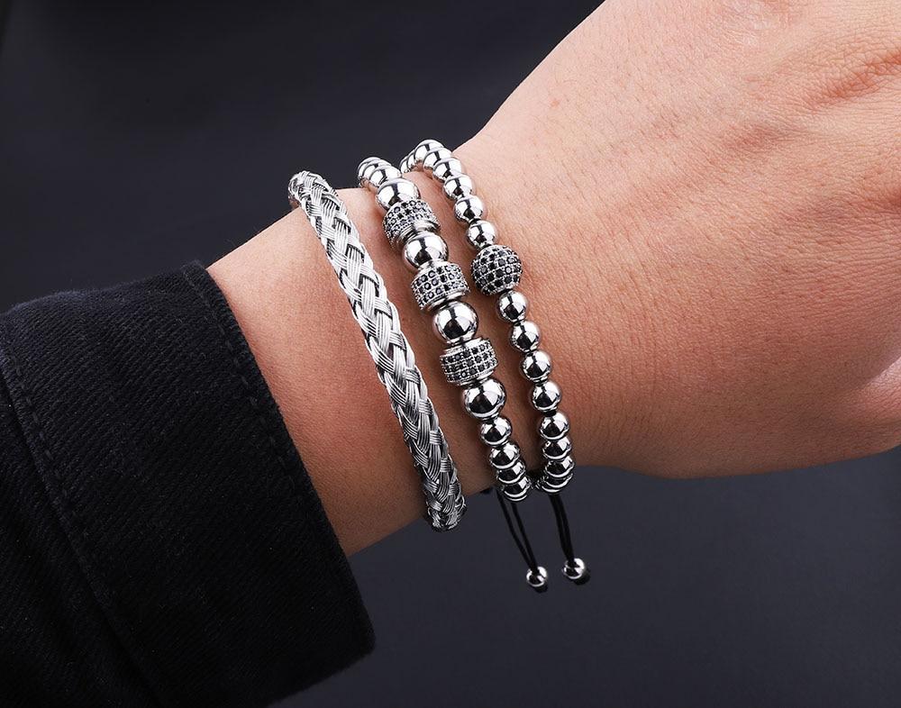 Luxury CZ Pave ,Black/Silver/Gold Braided Stainless Steel 3pc  Bracelet Set