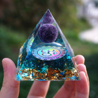 Thumbnail for 10-Handmade Blue Quartz & Amethyst OM Crystal Sphere CREATIVITY ORGONITE Pyramid