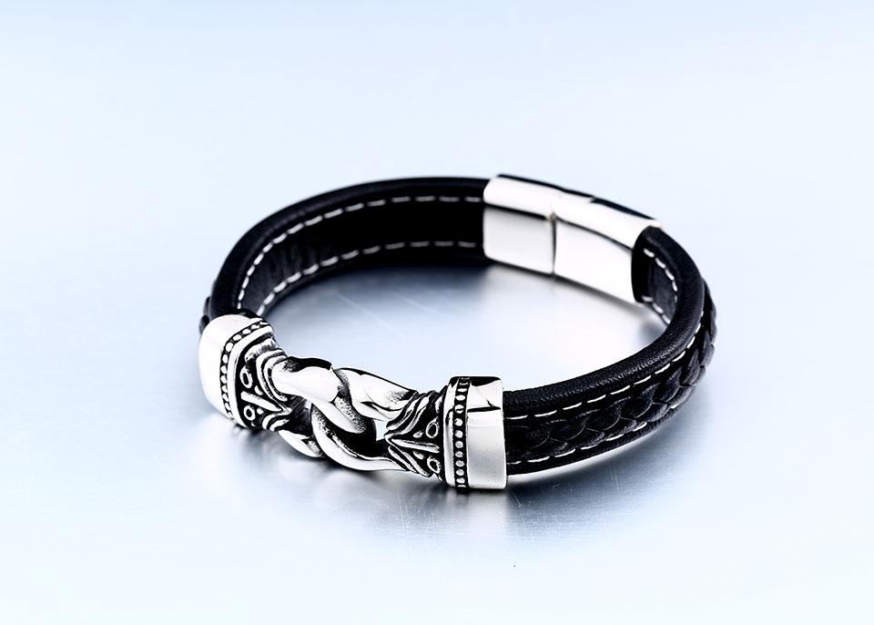 Mens Steel & Leather Viking Inspired Designs Bracelet