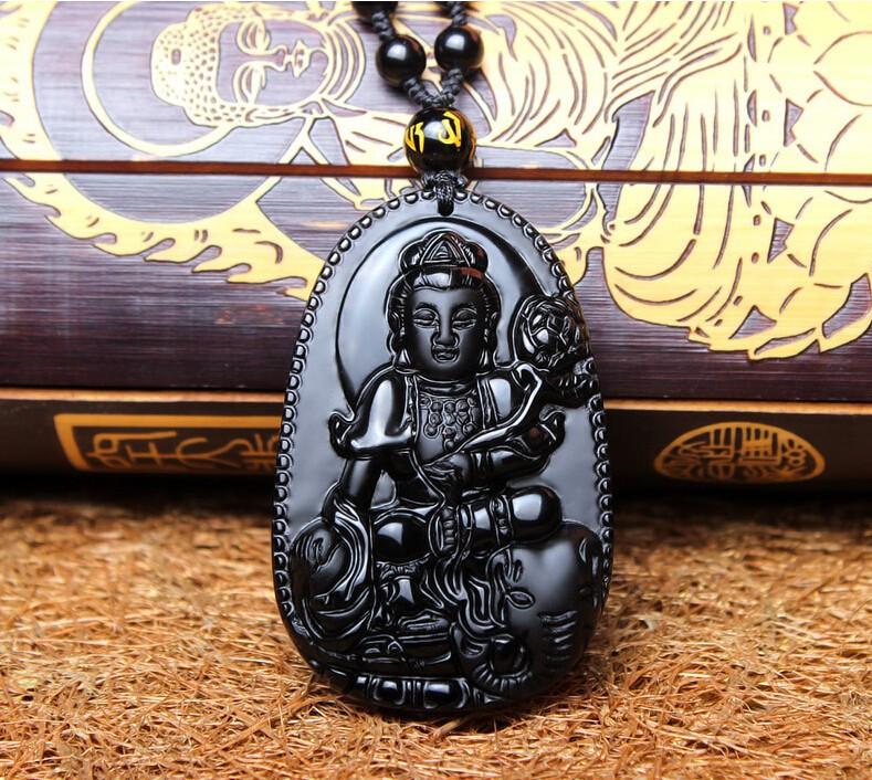 Natural Black Obsidian Eight Patron Saint Buddha Pendant Necklace