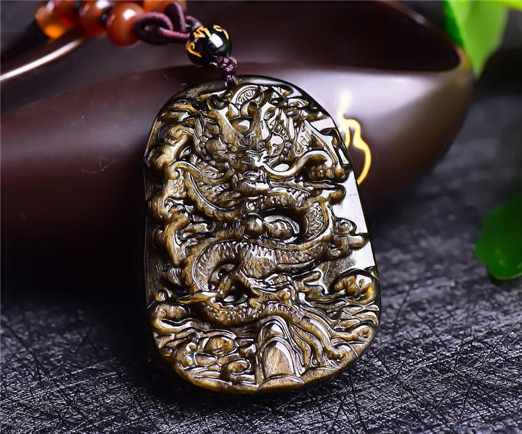 Obsidian Stone Dark Gold Dragon Pendant Necklace