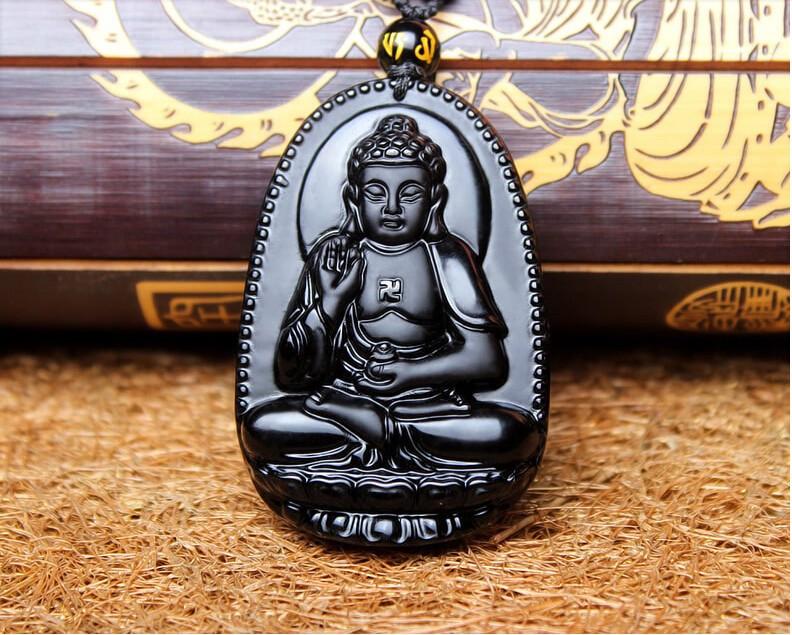 Natural Black Obsidian Eight Patron Saint Buddha Pendant Necklace