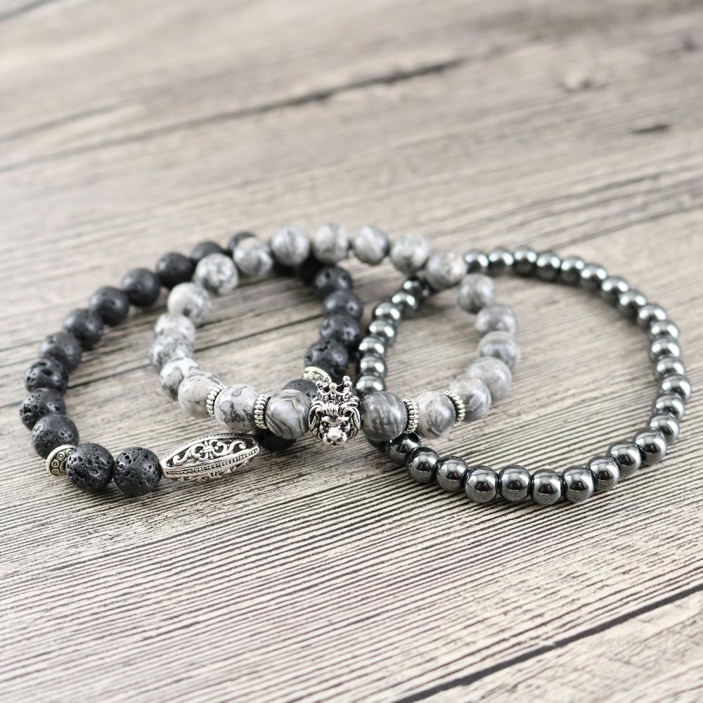 3/pc PROTECTION Set of Mens Hematite, Larvikite & Lava Stone Health Bracelets