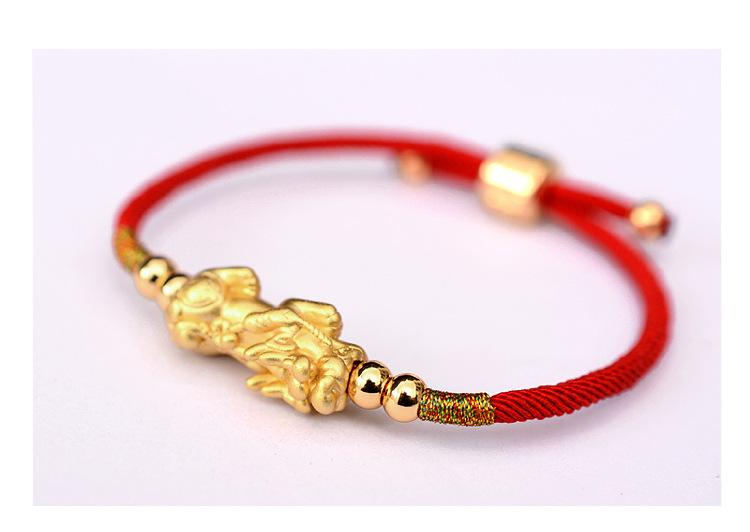 PURE SILVER 24k Gold Plated Pixiu Red Rope WEALTH Bracelet