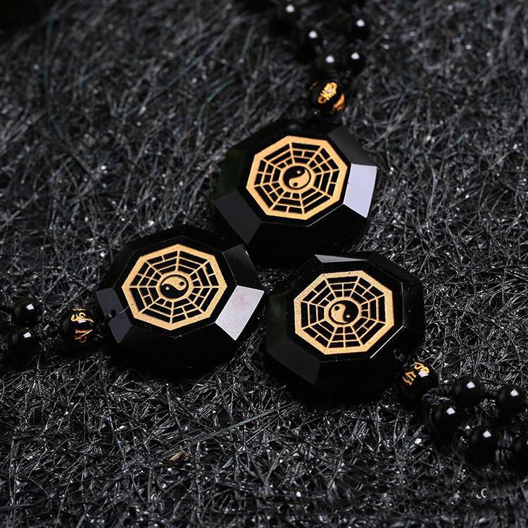 Natural Obsidian Stone Bagua Map Pendant Necklace