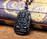 Thumbnail for Natural Black Obsidian Eight Patron Saint Buddha Pendant Necklace