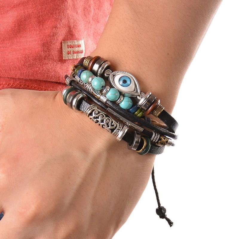 Adjustable Multi-layer Ethnic Evil Eye Leather Charm Bracelet