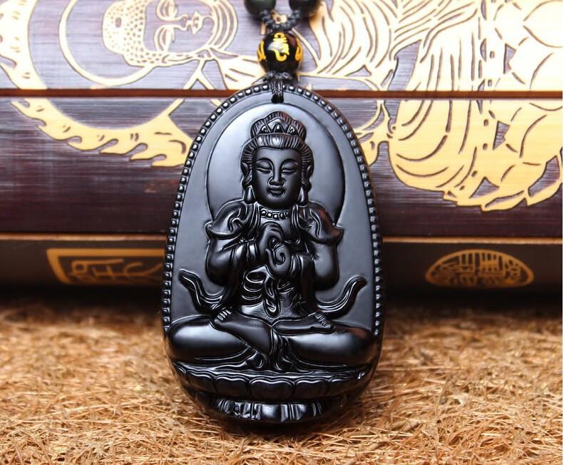 Natural Black Obsidian Eight Patron Saint Buddha Pendant Necklace