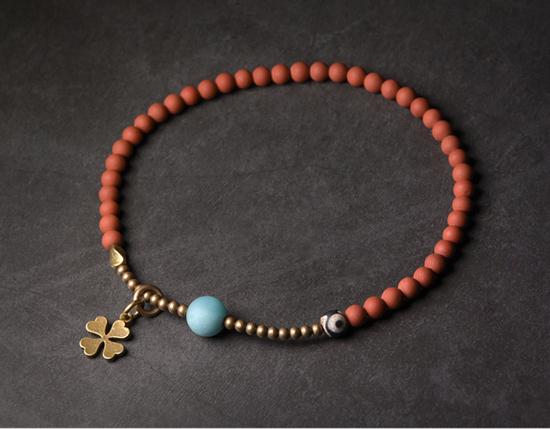 Matte Red Jasper & Tibetan Dzi POSITIVITY Bead Lucky 4 LEAF CLOVER Bracelet