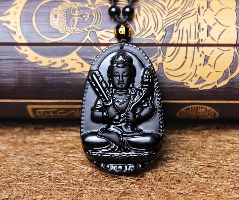 Natural Black Obsidian Eight Patron Saint Buddha Pendant Necklace