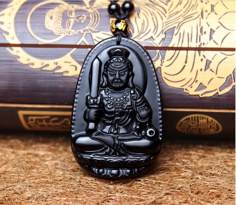 Natural Black Obsidian Eight Patron Saint Buddha Pendant Necklace