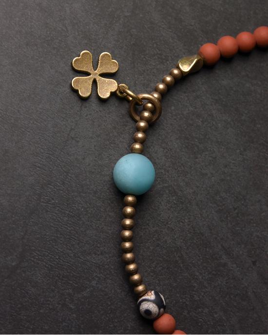 Matte Red Jasper & Tibetan Dzi POSITIVITY Bead Lucky 4 LEAF CLOVER Bracelet