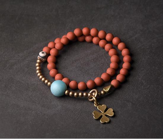 Matte Red Jasper & Tibetan Dzi POSITIVITY Bead Lucky 4 LEAF CLOVER Bracelet