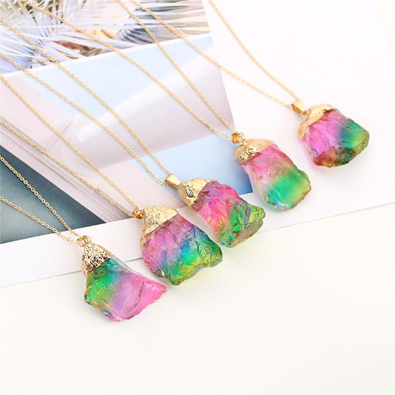 Rainbow Aura Natural Quartz Stone Pendant Necklace