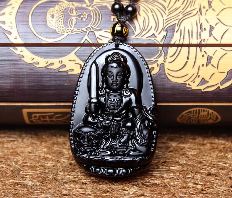 Natural Black Obsidian Eight Patron Saint Buddha Pendant Necklace