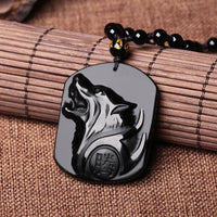 Thumbnail for Trendy Natural Obsidian Carved Wolf Head Amulet pendant