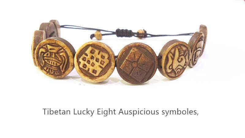 Tibetan Buddhist  Hand Carved  Eight Auspicious Symbols GOOD FORTUNE Bracelet
