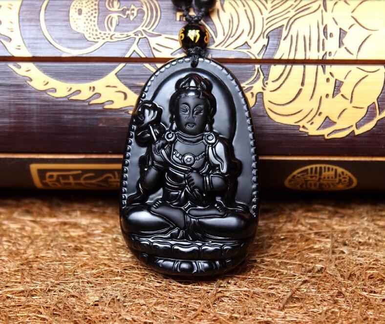 Natural Black Obsidian Eight Patron Saint Buddha Pendant Necklace