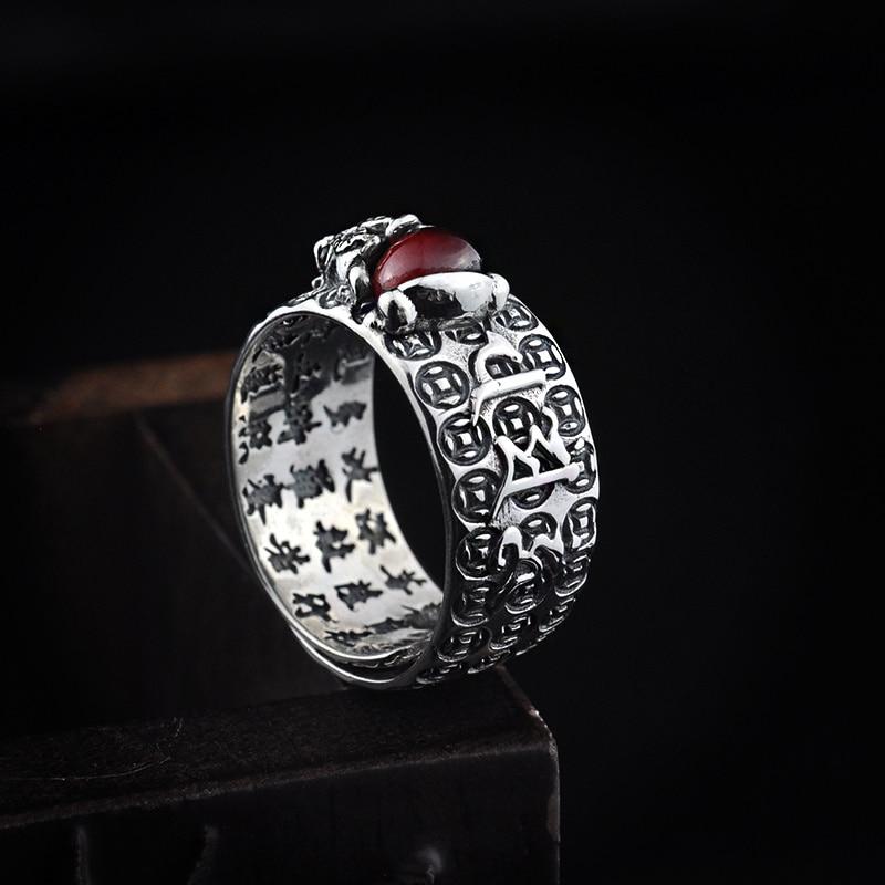 Natural  Garnet & 925 Sterling Silver LUCKY PIXIU OM Mantra Ring