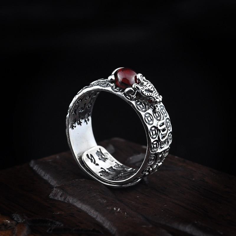 Natural  Garnet & 925 Sterling Silver LUCKY PIXIU OM Mantra Ring