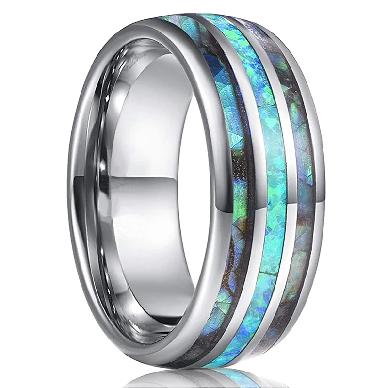 Luxury Silver Tungsten Carbide Ring with Blue Fire Opal & Abalone Shell Inlay-Sizes 5-15 YourSoulPlace