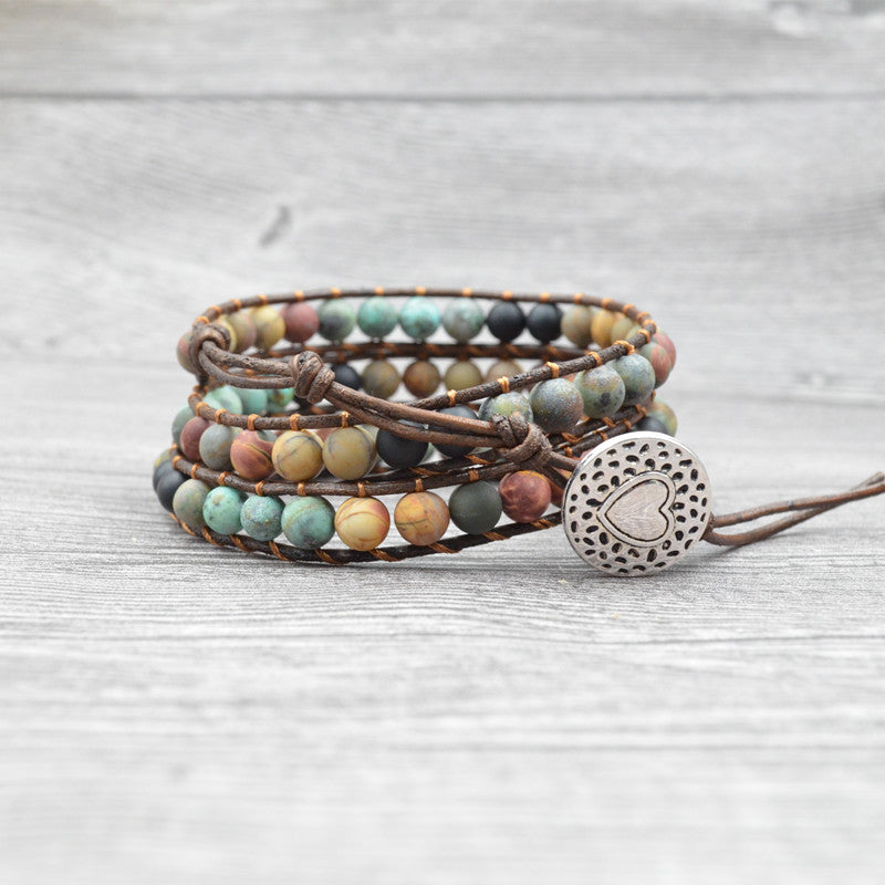 Multi layer Natural Matte Jasper Stone & Leather Wrap HEALING Bracelet  IN STOCK USA