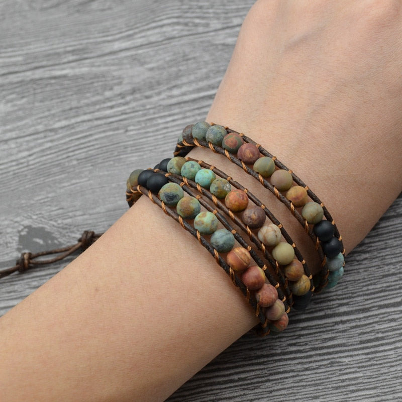 Multi layer Natural Matte Jasper Stone & Leather Wrap HEALING Bracelet  IN STOCK USA