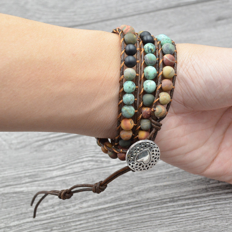 Multi layer Natural Matte Jasper Stone & Leather Wrap HEALING Bracelet  IN STOCK USA