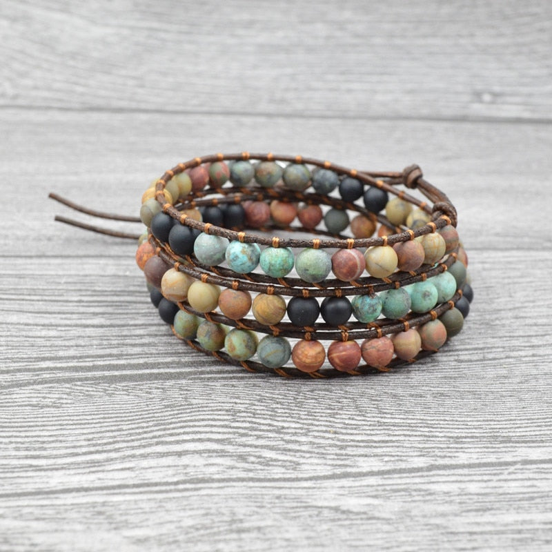 Multi layer Natural Matte Jasper Stone & Leather Wrap HEALING Bracelet  IN STOCK USA