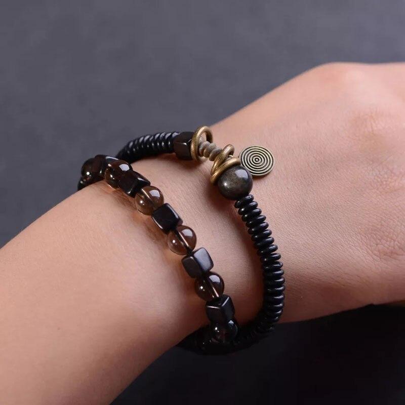 Ethnic Tibetan Coconut,Ebony Wood & Smoky Citrine DETOXIFYING Dual Layer Bracelet