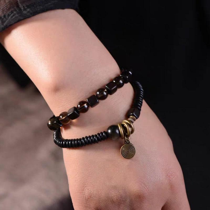 Ethnic Tibetan Coconut,Ebony Wood & Smoky Citrine DETOXIFYING Dual Layer Bracelet