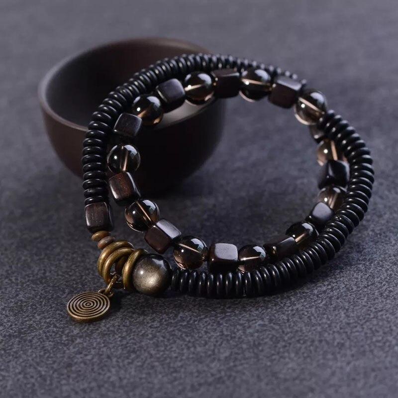 Ethnic Tibetan Coconut,Ebony Wood & Smoky Citrine DETOXIFYING Dual Layer Bracelet