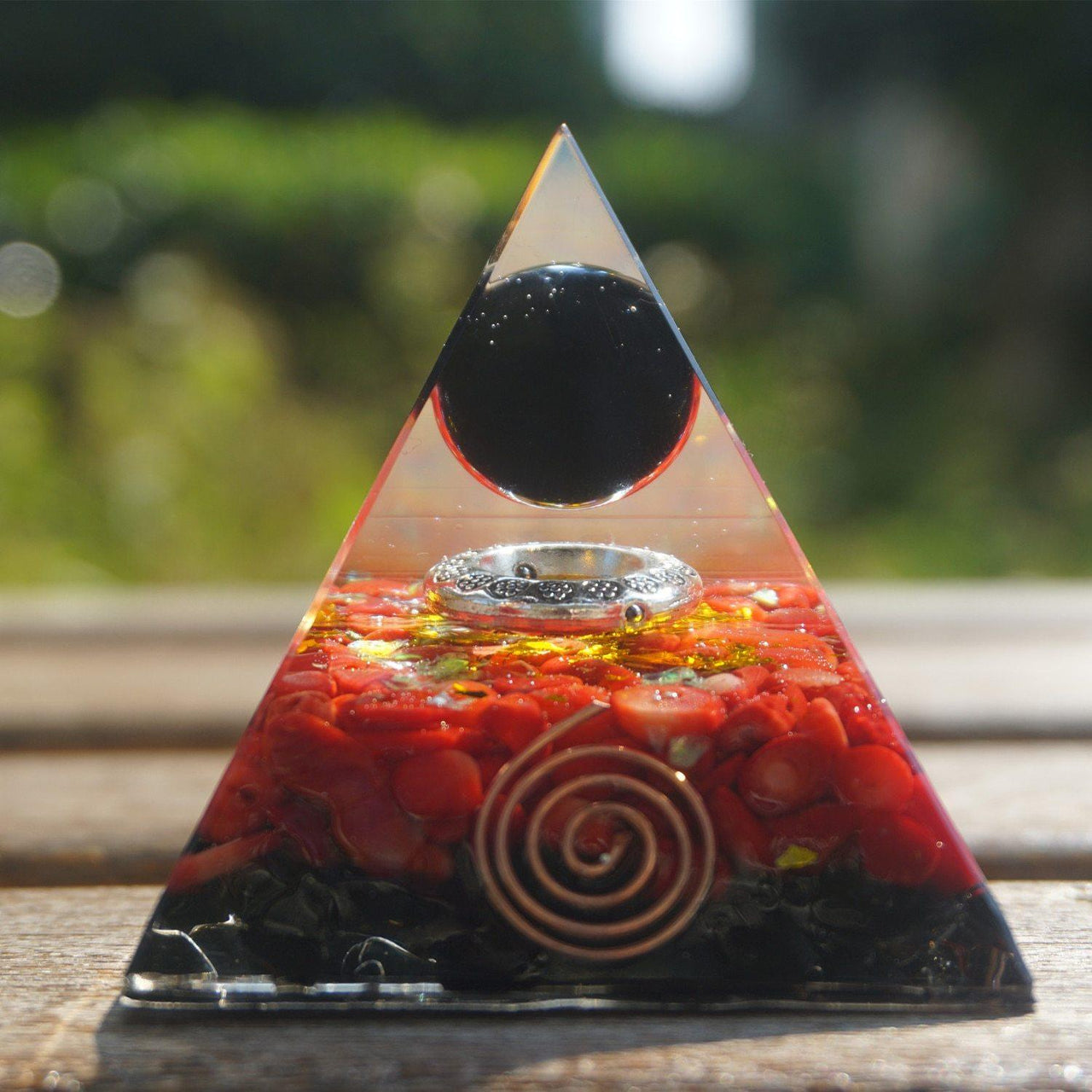 37-Handmade Obsidian & Red Coral Crystal Sphere 'OPTIMISM' ORGONITE Pyramid