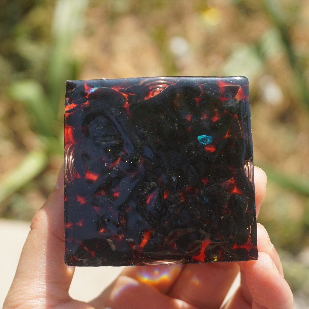 37-Handmade Obsidian & Red Coral Crystal Sphere 'OPTIMISM' ORGONITE Pyramid