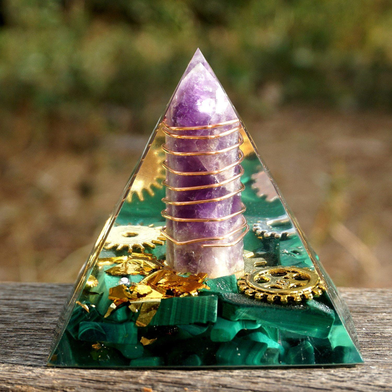 #163-Handmade Amethyst Point & Malachite 'MANIFESTATION' ORGONITE Pyramid