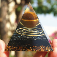 Thumbnail for 45-Handmade Tiger Eye & Obsidian Crystal Sphere 'FOCUS & GROUNDING' ORGONITE Pyramid