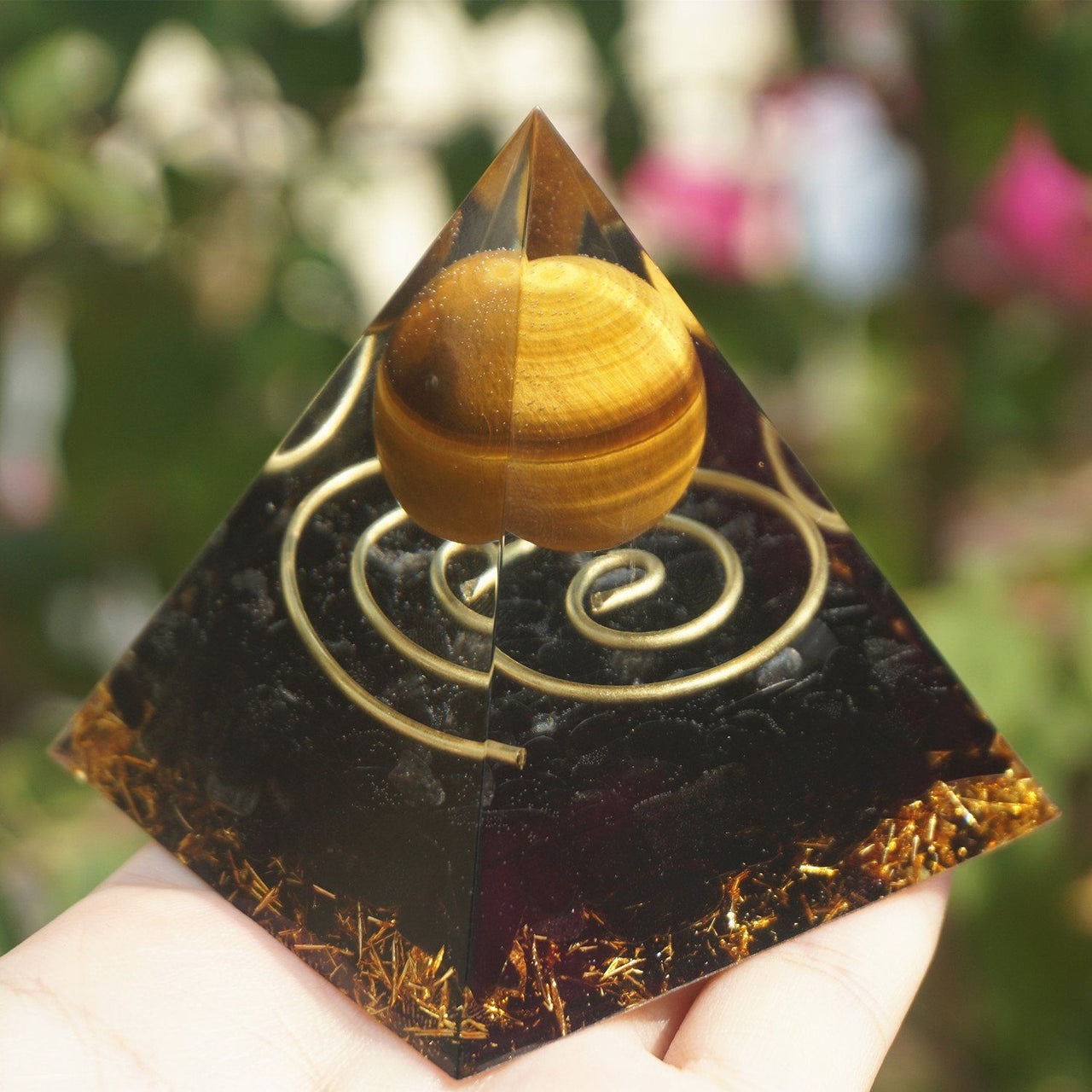45-Handmade Tiger Eye & Obsidian Crystal Sphere 'FOCUS & GROUNDING' ORGONITE Pyramid