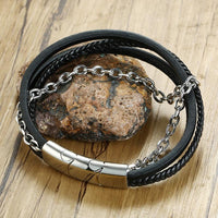 Thumbnail for Classic & Timeless- Minimalist Titanium Steel & Genuine Leather 4 Layer Wrap Bracelet-