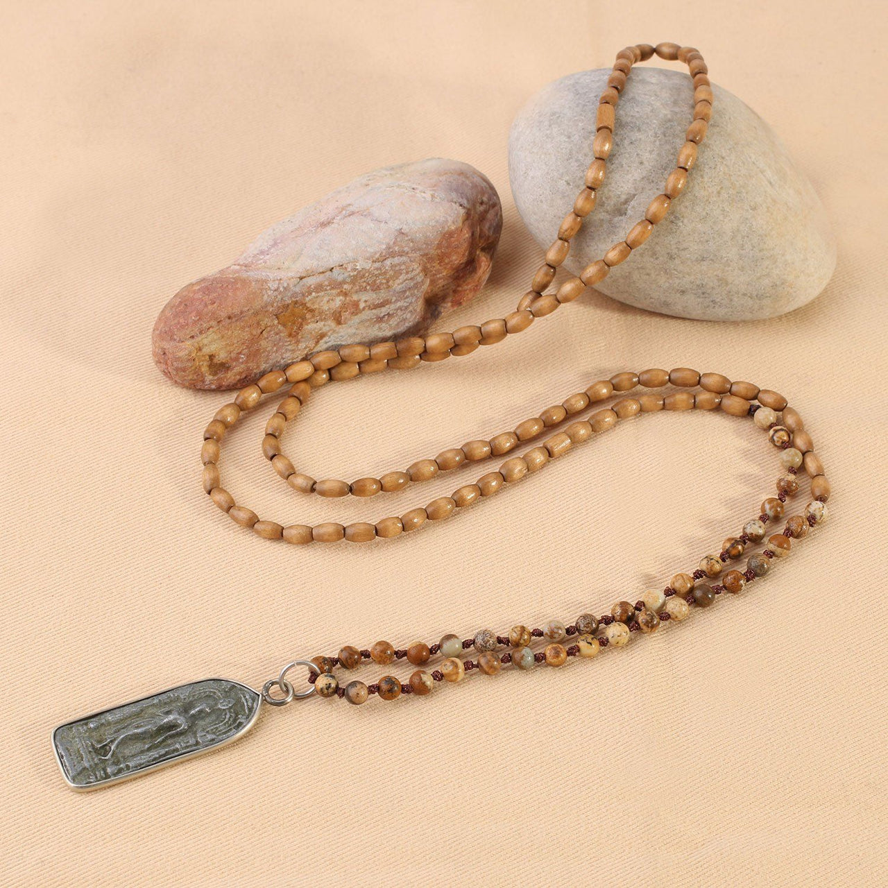 Ancient Style Natural Stone Thai Buddha GUARDIAN Amulet BALANCING Pendant Necklace