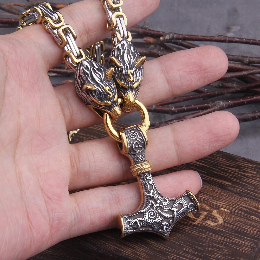 60-90cm Stainless Steel DOUBLE WOLF Head & Mjolnir SURVIVAL SPIRIT Necklace/Bracelet