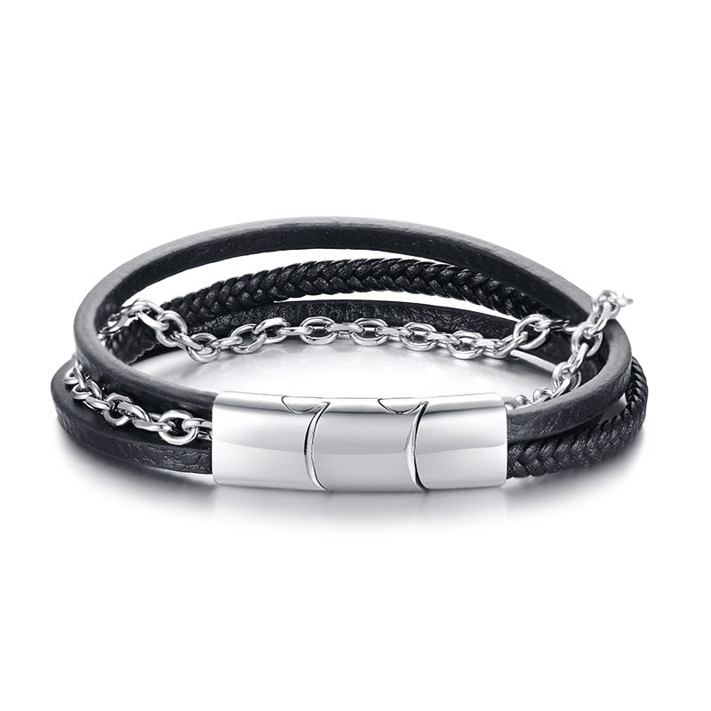 Classic & Timeless- Minimalist Titanium Steel & Genuine Leather 4 Layer Wrap Bracelet-