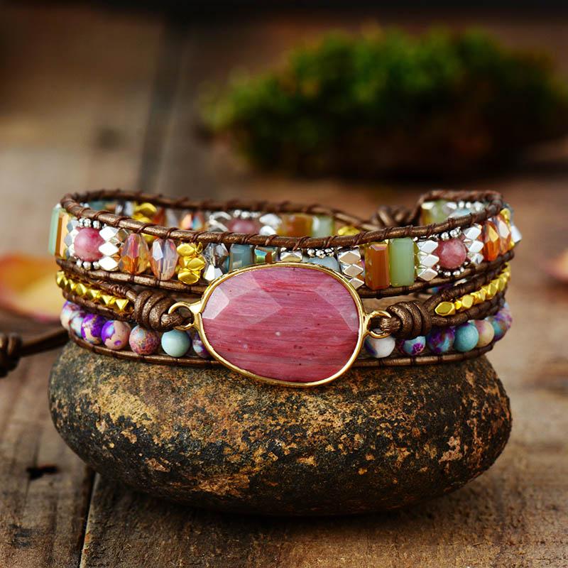 Rhodochrosite, Leather & Stone 'OPEN THE HEART' Wrap Bracelet