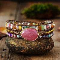 Thumbnail for Rhodochrosite, Leather & Stone 'OPEN THE HEART' Wrap Bracelet