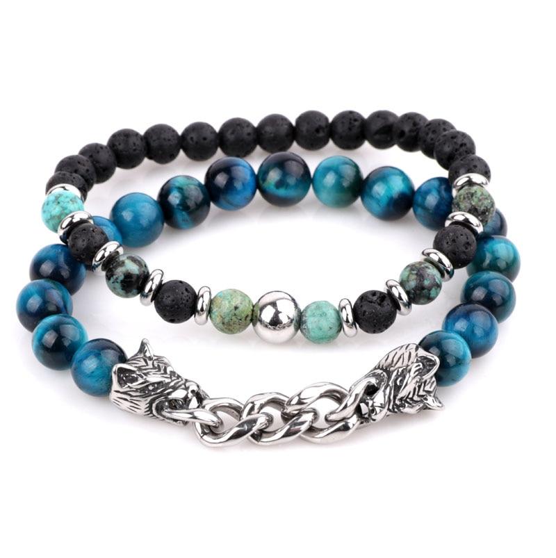 Natural Stone & Stainless Steel  Double WOLF 'LOYALTY' 2 pc Bracelet Set -13 Styles