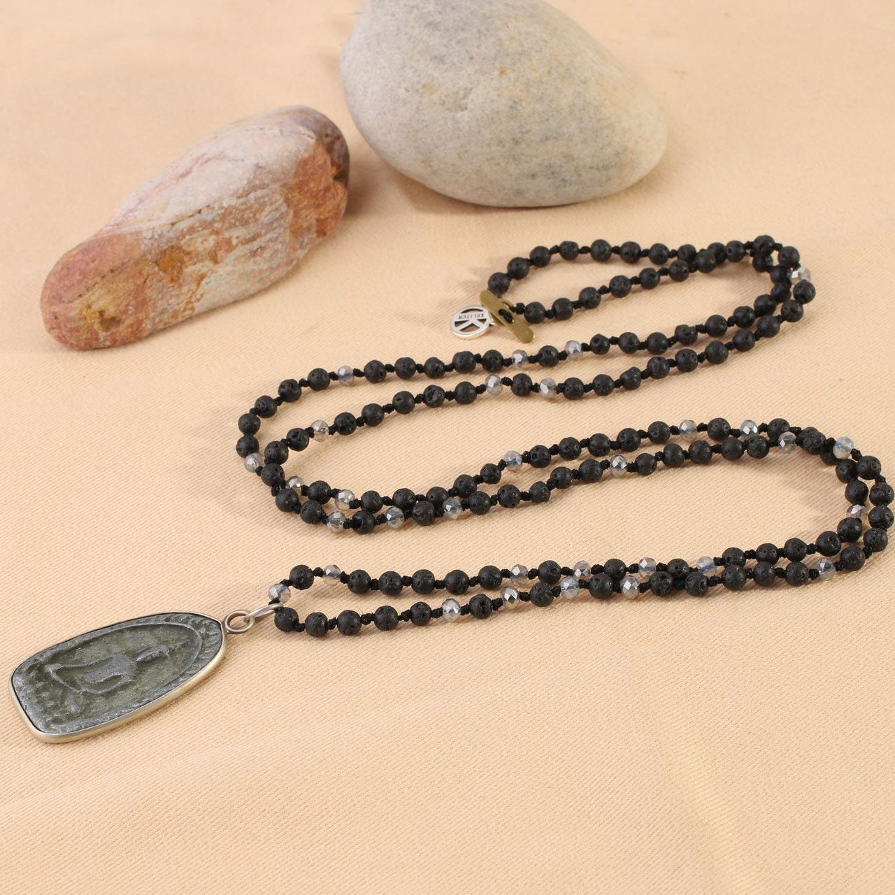 Ancient Style Thai Buddha & LAVA STONE Amulet Pendant GROUNDING Necklace