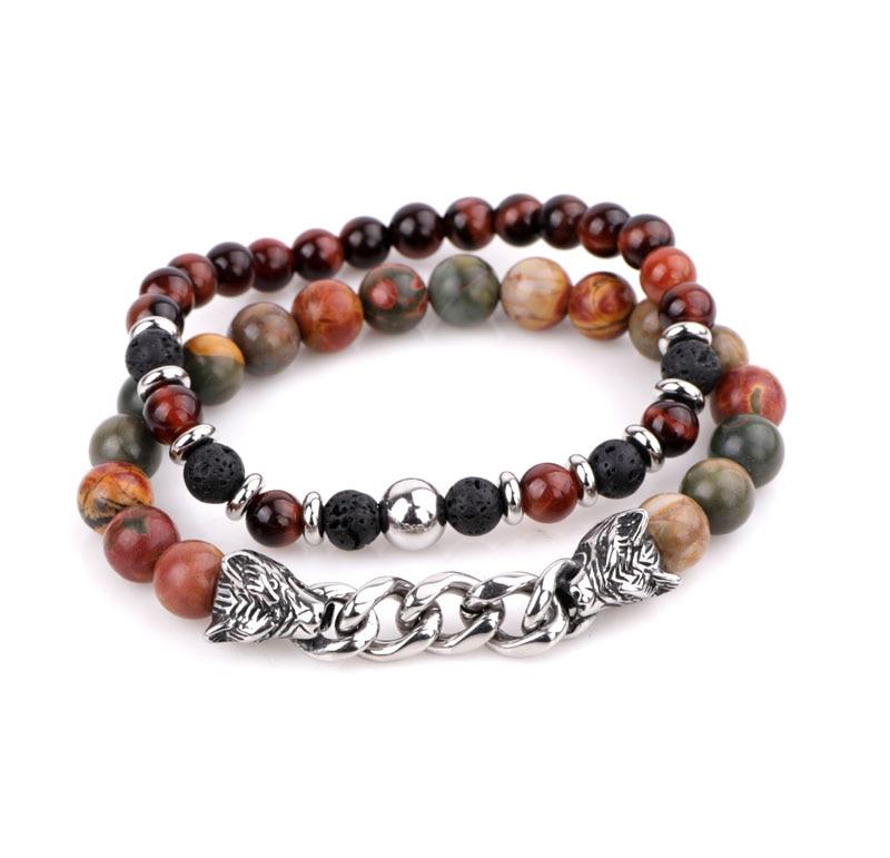 Natural Stone & Stainless Steel  Double WOLF 'LOYALTY' 2 pc Bracelet Set -13 Styles