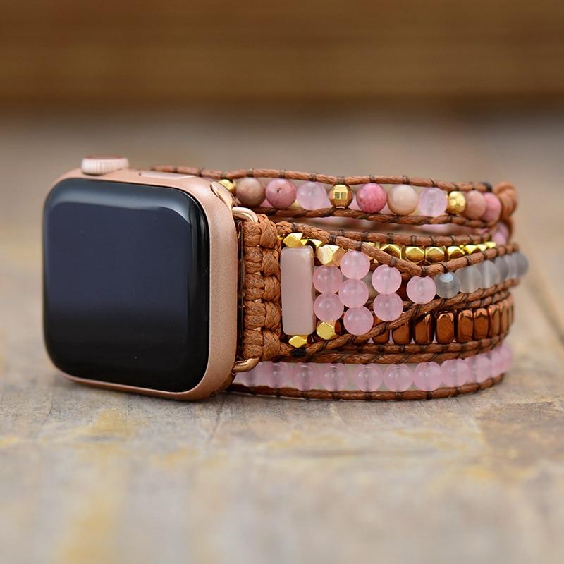 Natural Rose Quartz & Rhodonite 4 Layer Apple Watch Band