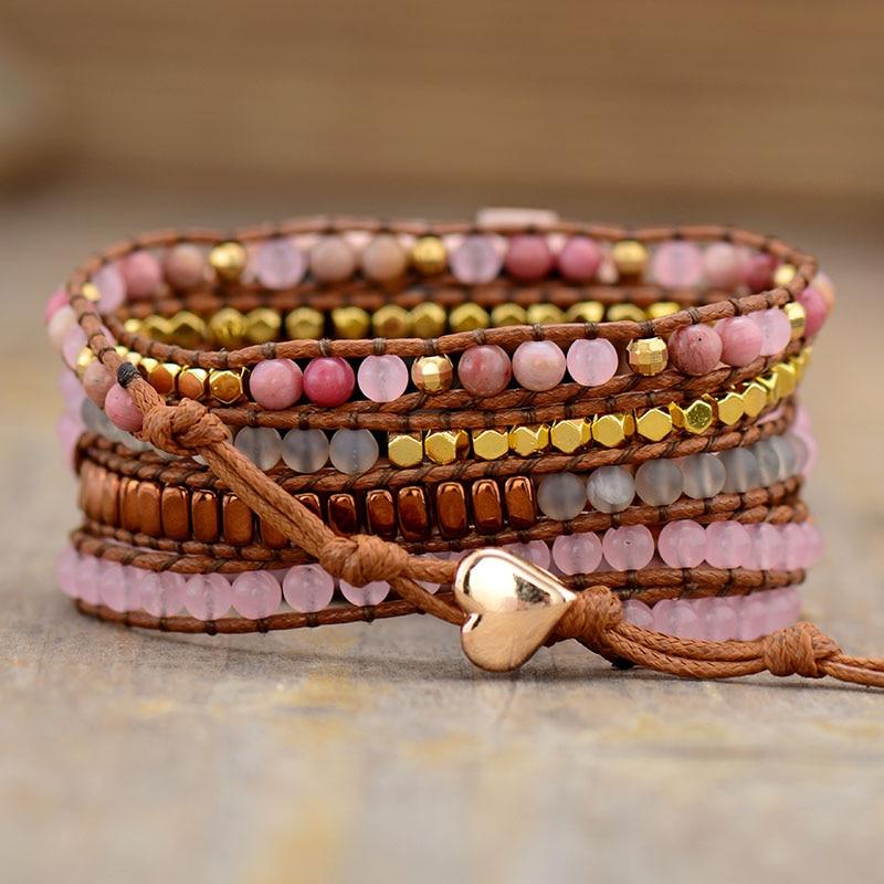 Natural Rose Quartz & Rhodonite 4 Layer Apple Watch Band